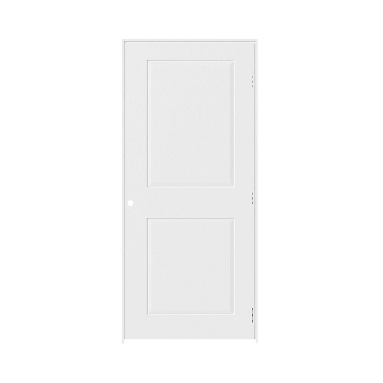 A 30 in. x 80 in. Go Build RH Cambridge Primed Smooth MDF Prehung Door, hollow-core with two rectangular panels, handle hole, and right-side hinges, is shown against a white background.